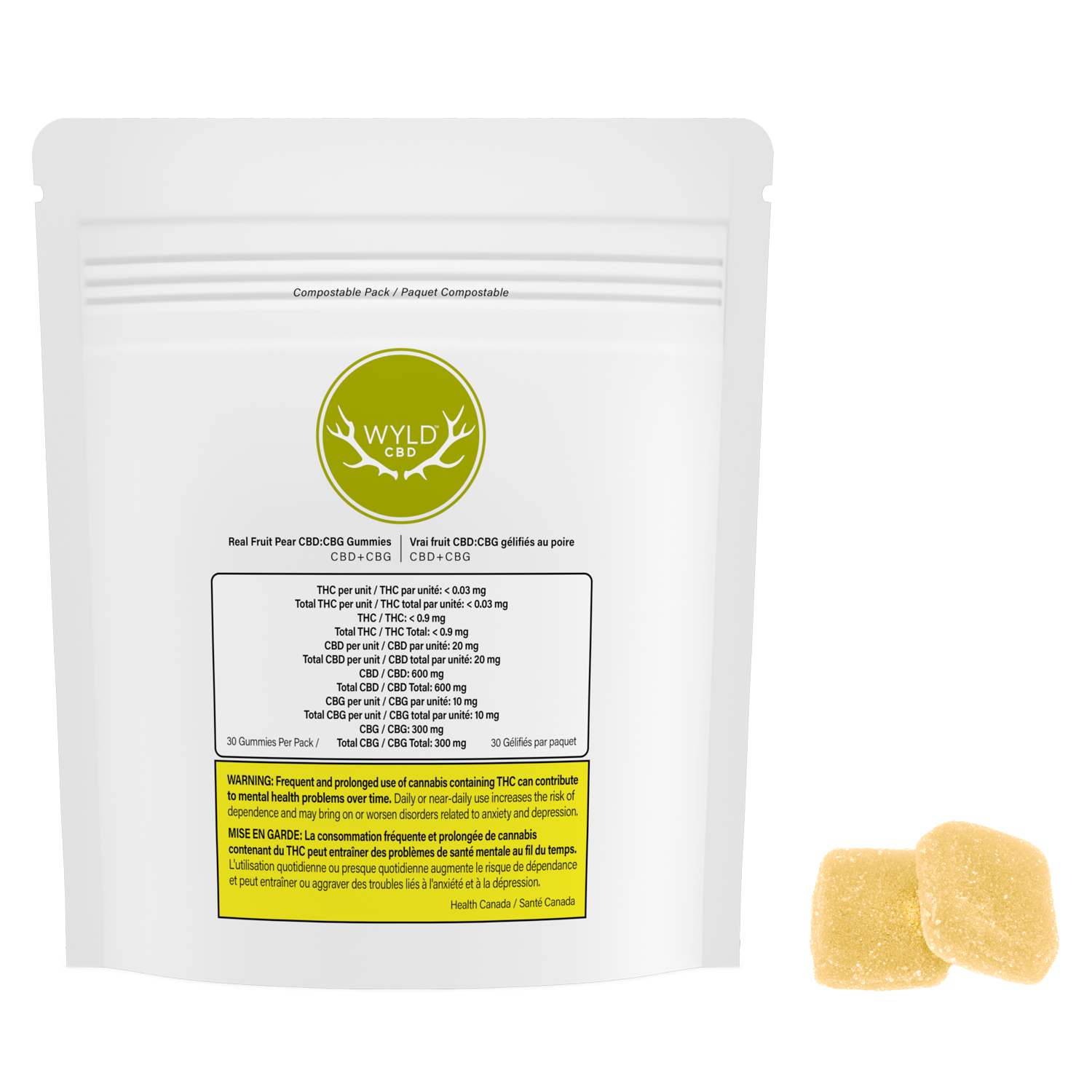 Real Fruit Pear CBD+CBG Gummies  20mg CBD : 10mg CBG (30)