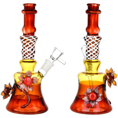 BobHQ Glass - Amber Autumn Flower Water Pipe - 8.5" / 14mm F
