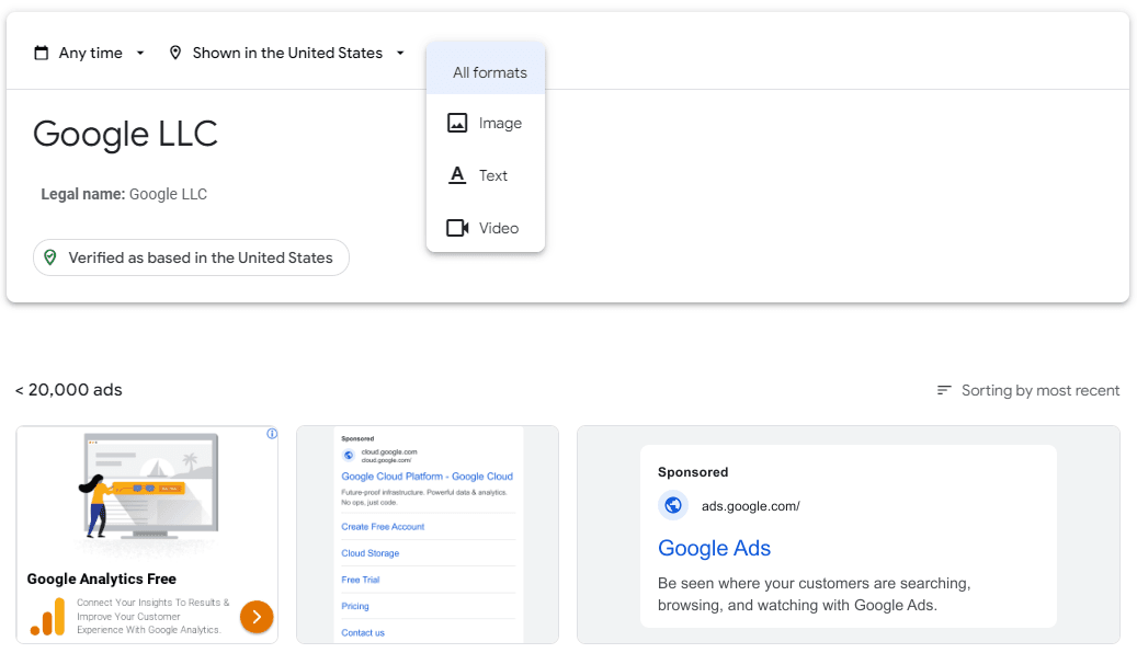 Example of regions and formats for Google Ads Transparency