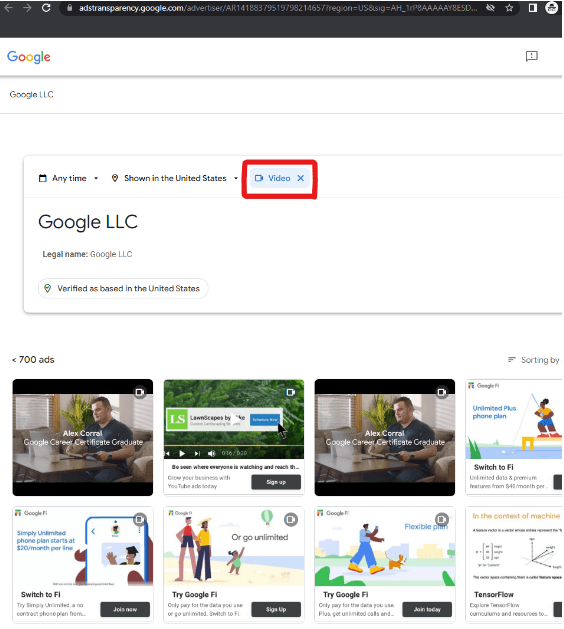 Googles Ad Transparency profile