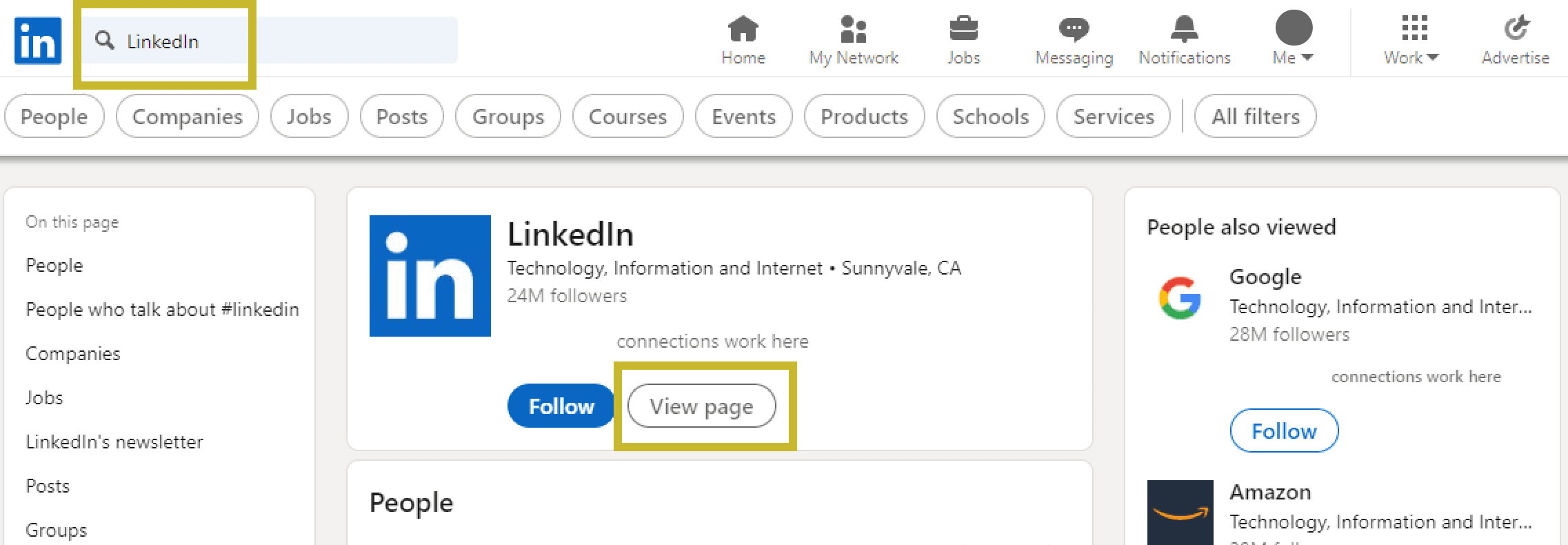 LinkedIn companies search results page