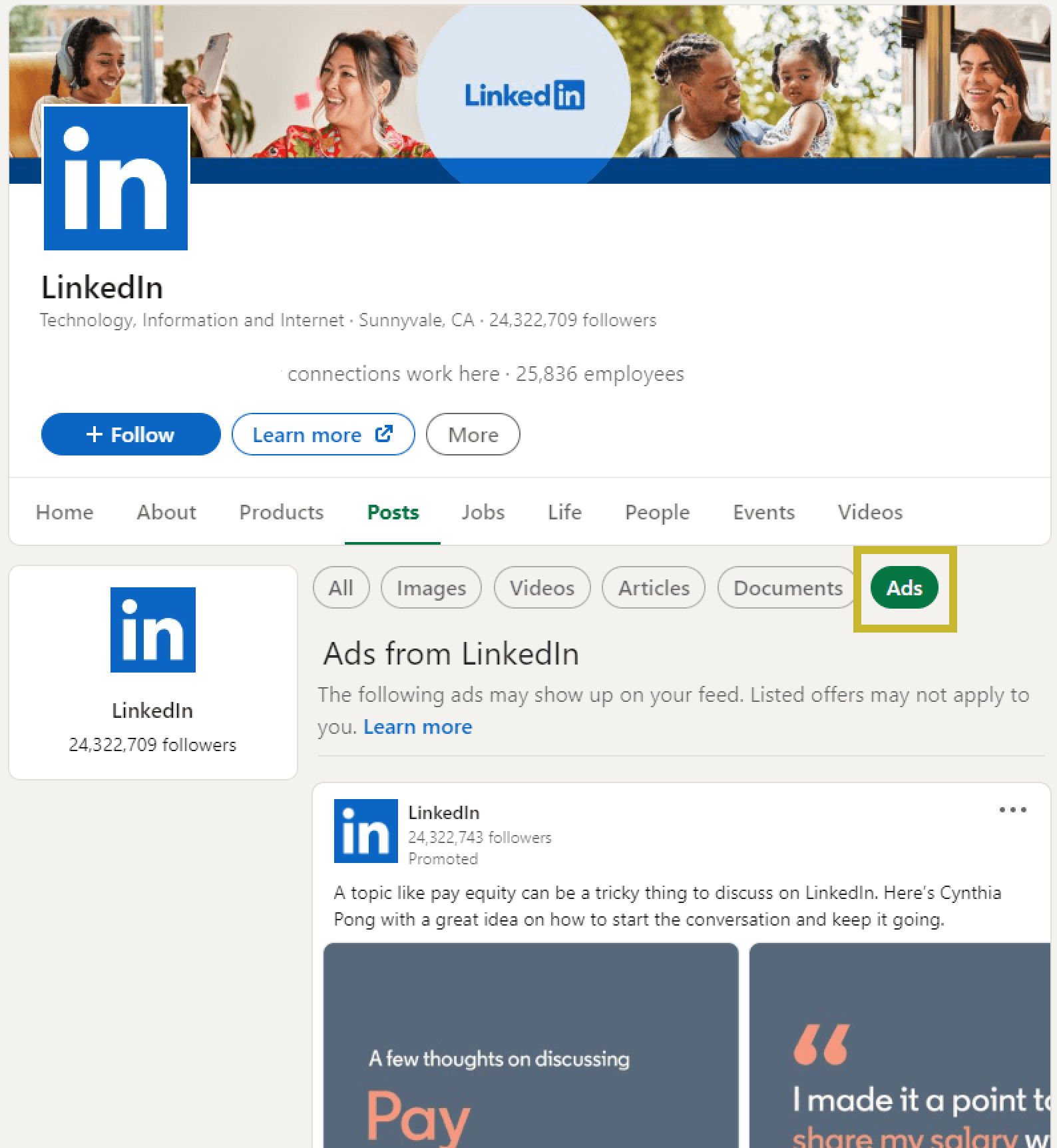 LinkedIn company page ad library