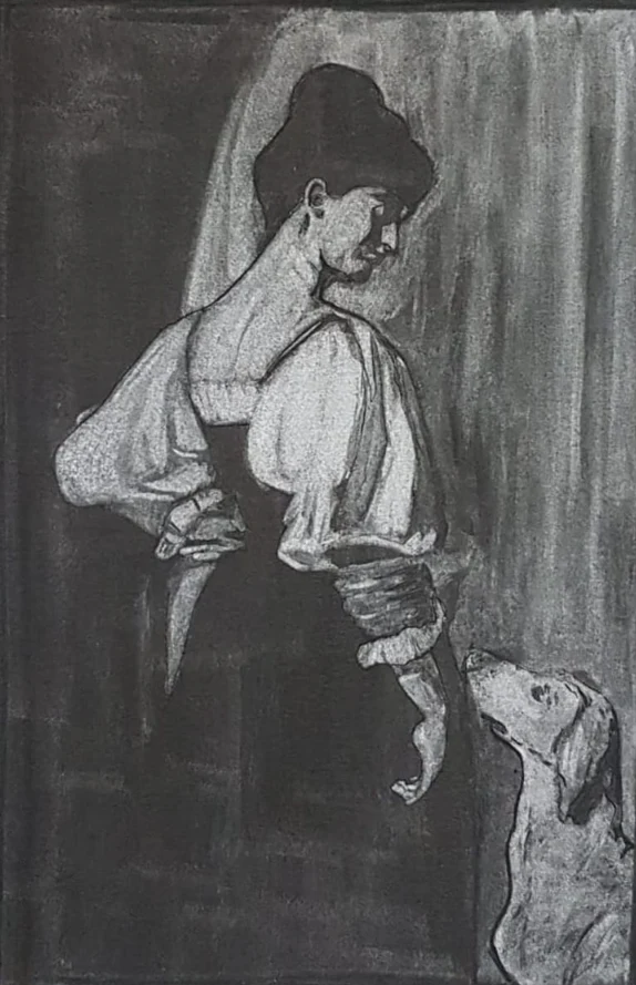 Houtskool vrouw met hond