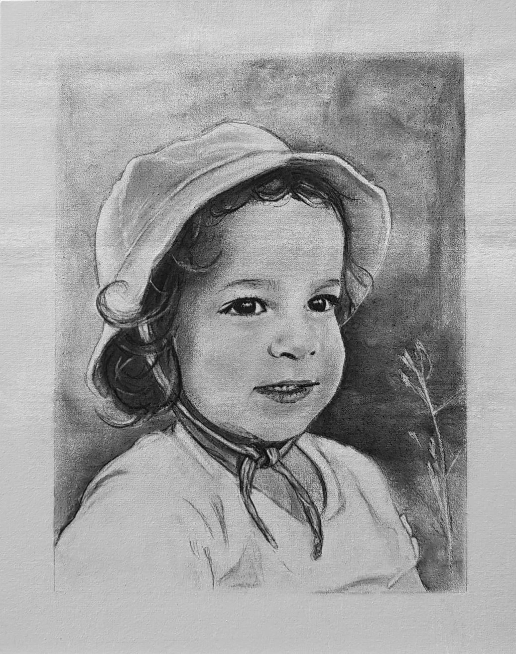 Houtskool portret meisje met hoedje