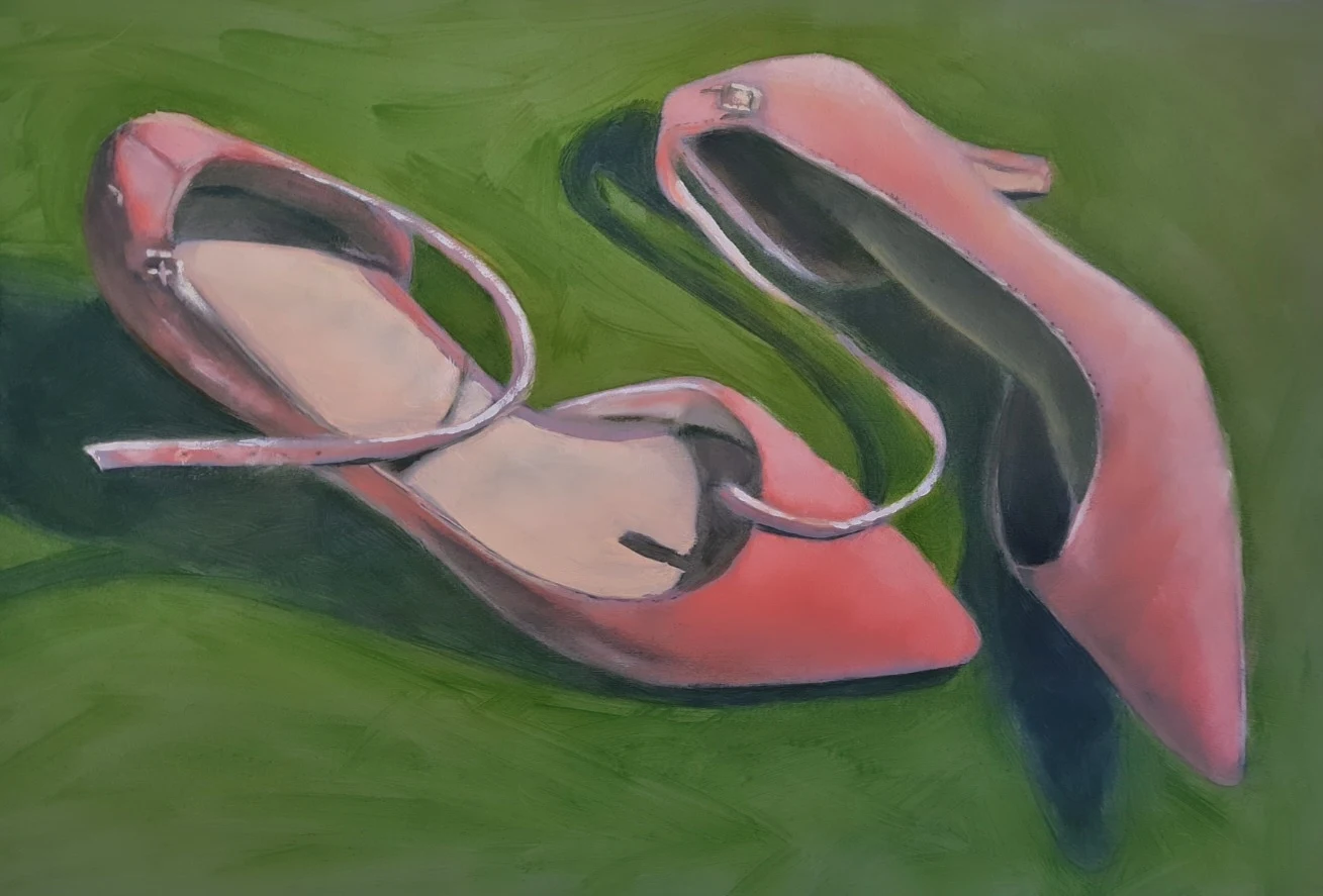 Roze pumps stilleven olieverf