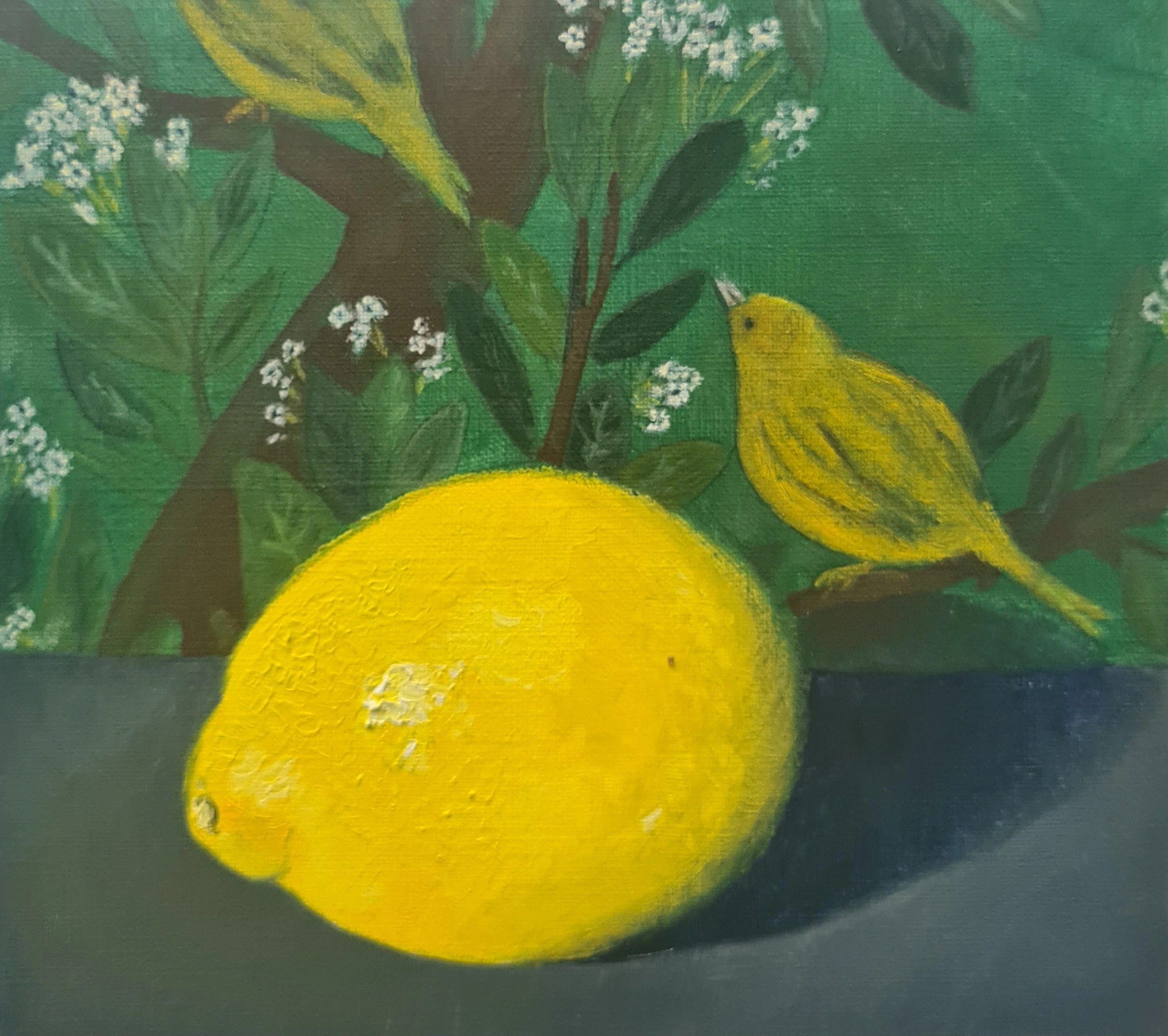Olieverf citroen en vogel