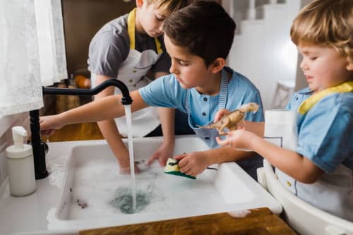 Brothers washing their dinosaur toys