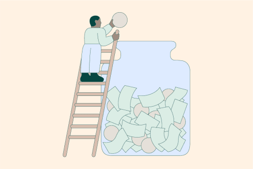 man on ladder putting money in large jar graphic