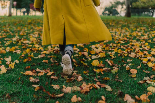 Person walking in fallen leaves