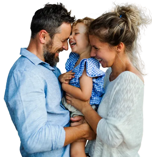 Father mother and child hugging