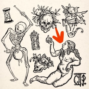 Image of Eve and the apple - Paradise the Temptation from Danse Macabre by Hans Holbein the Younger (1538)