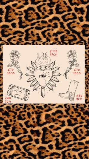 Image of SACRED HEART, ROSE WITH CHAINS, ROSE WITH BARBED WIRE, TICKET AND BIKER BOOT