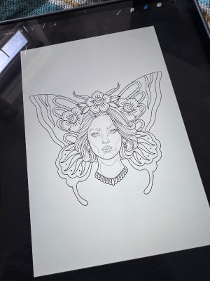 Image of Blackwork trad butterfly wings w/ surrealistic female face