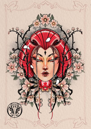 Image of Spider Lady and blossoms