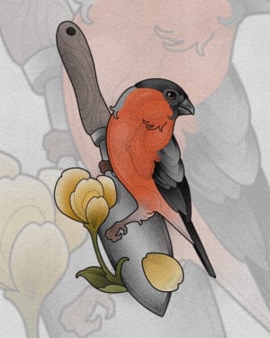 Image of Bullfinch on Trowel