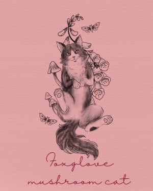 Image of Foxglove and mushrooms cat - 12 cm tall min.