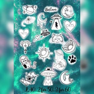 Image of Astro cat tattoos. Add colour for £10
