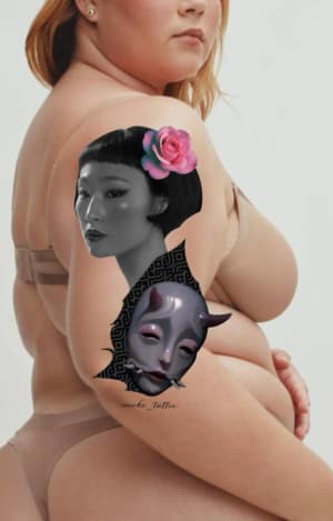 Image of Hannya mask and Asian woman