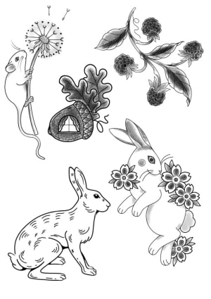 Image of Dandelion/berries/bunnies/acorn 