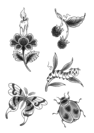 Image of Candle/berries/caterpilla/butterfly/beetle