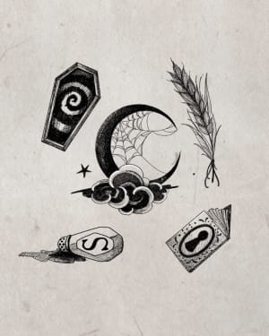 Image of Coffin / wheat / moon / salt / book 
