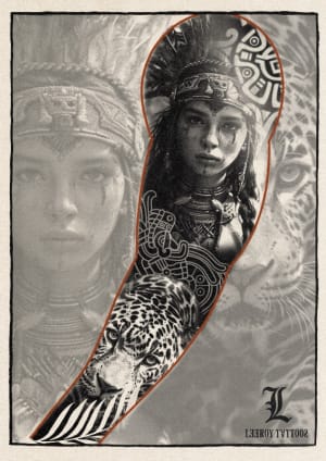 Image of Azteca outer Sleeve Portfolio Piece - beautiful Aztec themed outer sleeve to be completed over 3 sessions, ideally within a 6 month period as 3 day sessions can be consecutive or spaced appointments