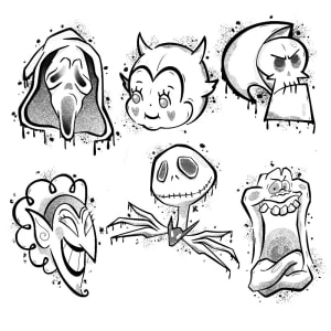 Image of Halloween flash page 1 - blackwork £120 watercolour £140