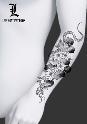 Image of Hebi & Sakura - snake and cherry blossom Blackwork design that also utilises geometric patterns.