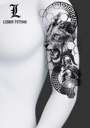 Image of Lion and Spartan - Blue eyed lion of course with a Spartan warrior, utilising traditional Greek patterns and hexagonal patterns.