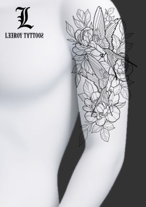 Image of Swallows and Peonies - ideal for arm or leg tattoo, available in line work with black shading/stipple shading or a colour variation - one day session