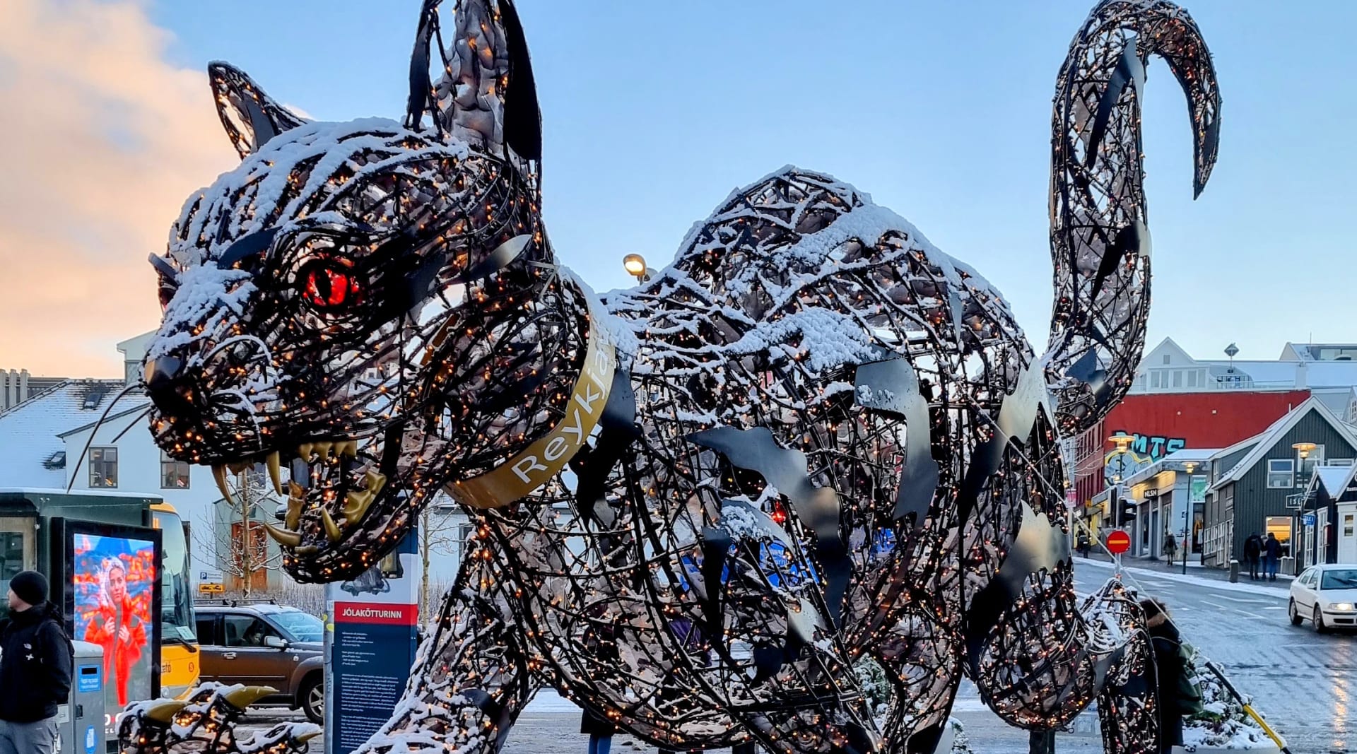 The Christmas Cat is in downtown Reykjavik in December