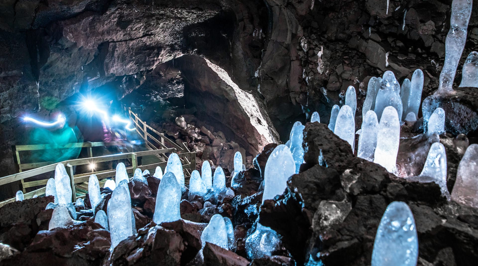 A view of icicles along the cave floor. Often called "Ice Spikes", these formations occur during the coldest months of the year.