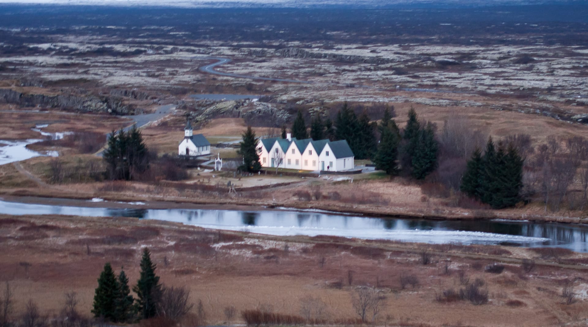 Thingvelling national park with the summerhouses of the prime minister