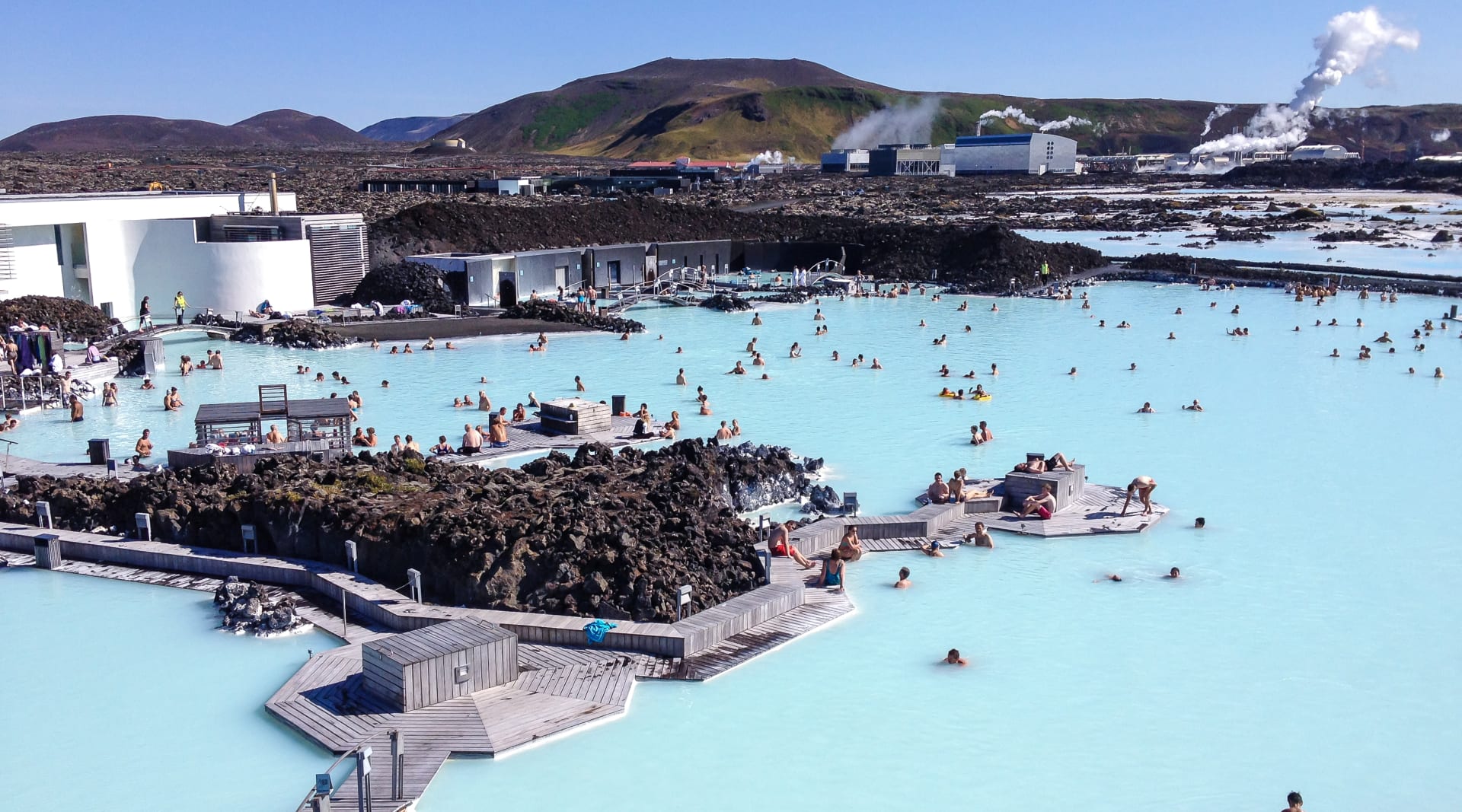 View of the beautiful blue waters of the Blue Lagoon, one of Iceland's most popular attractions