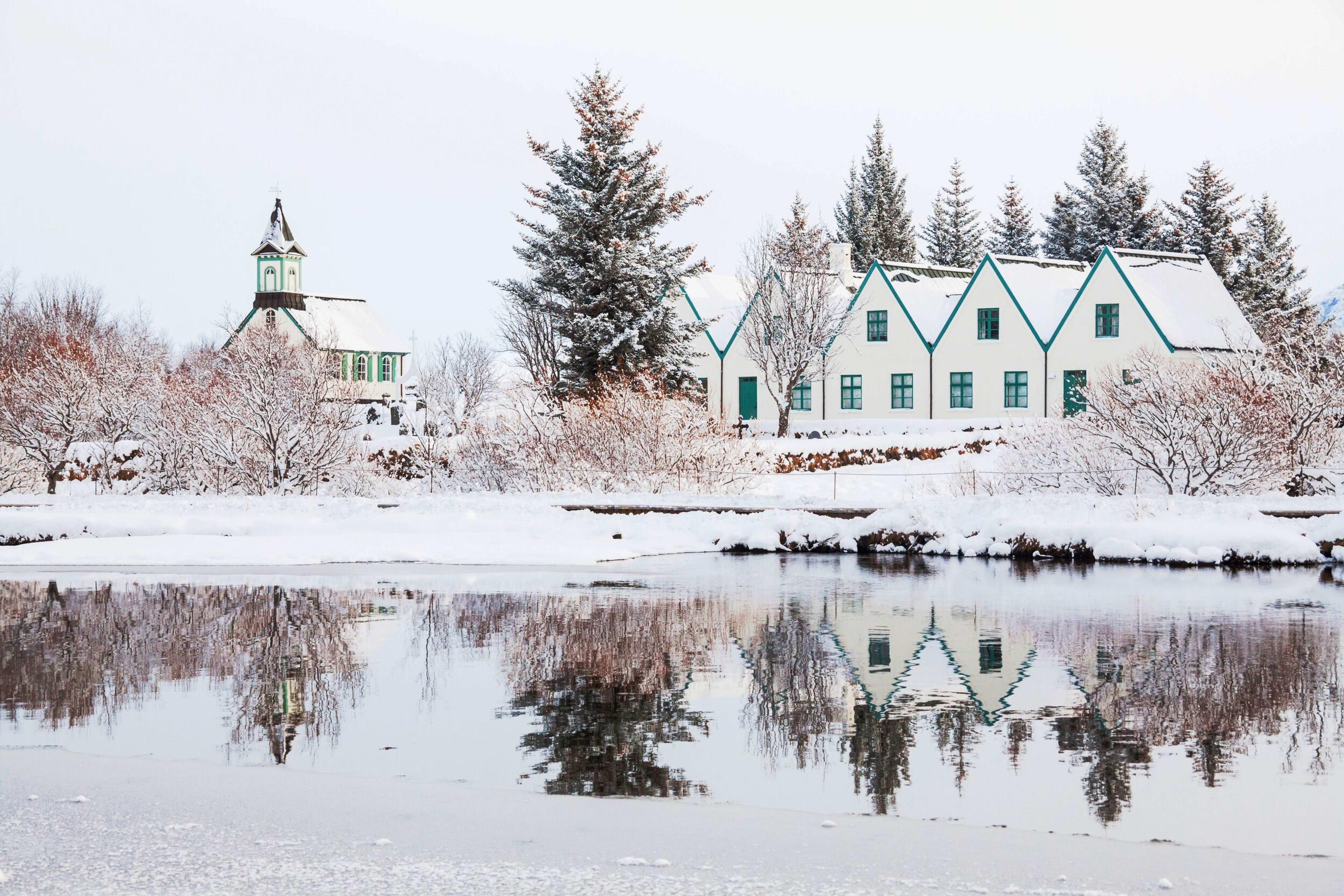 The church and housing at Þingvellir national park covered in snow