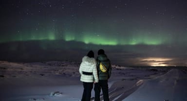 Thumbnail about Couple holding hands while admiring the northern lights