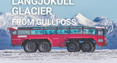 Thumbnail about Big red Monster truck on glacier, snow covered mountains in the background