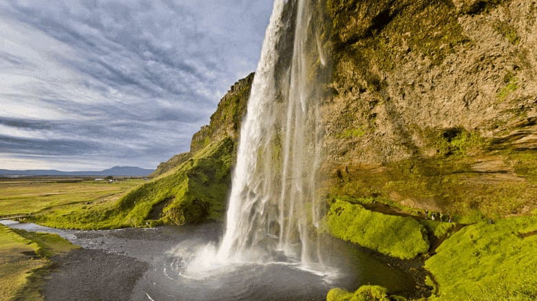 View of Seljalandsfoss waterfall at sunrise