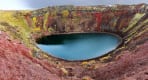 Thumbnail about Red lava rock and green moss decorating the rim of Kerid volcanic crater
