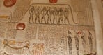 Thumbnail about Detailed Egyptian tomb wall showing painted deities and hieroglyphics in yellow red ,and black tones 