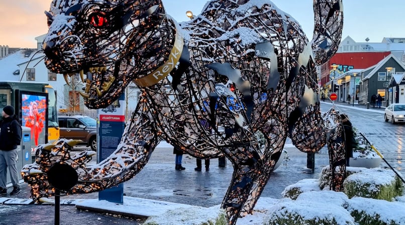The Christmas Cat is in downtown Reykjavik in December