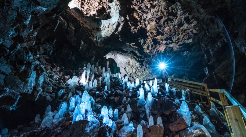 A view of icicles along the cave floor. Often called "Ice Spikes", these formations occur during the cold winter months.