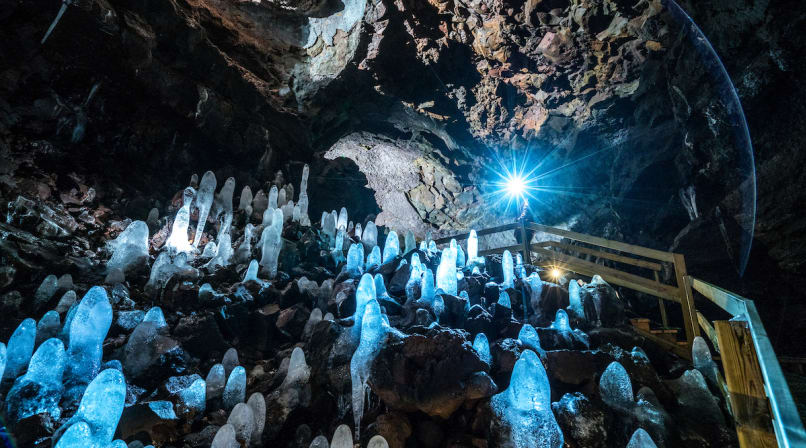 A view of icicles along the cave floor. Often called "Ice Spikes", these formations occur during the cold winter months.