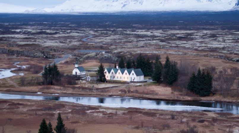 Thingvelling national park with the summerhouses of the prime minister