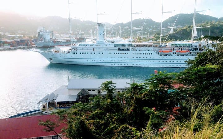 A cruise ship is entering port.