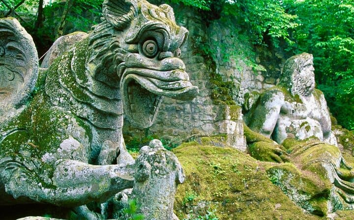 Calcata, Bomarzo Monsters private guided tour Rome one day round trip and Thermal Baths of the Popes Pick up, drop off, and Tickets included.