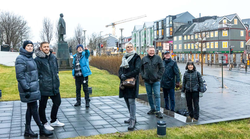 A group of guests walking through downtown Reykjavik