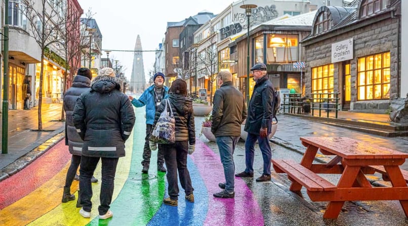 A group enjoying the Reykjavik Walking Tour by the Rainbow street