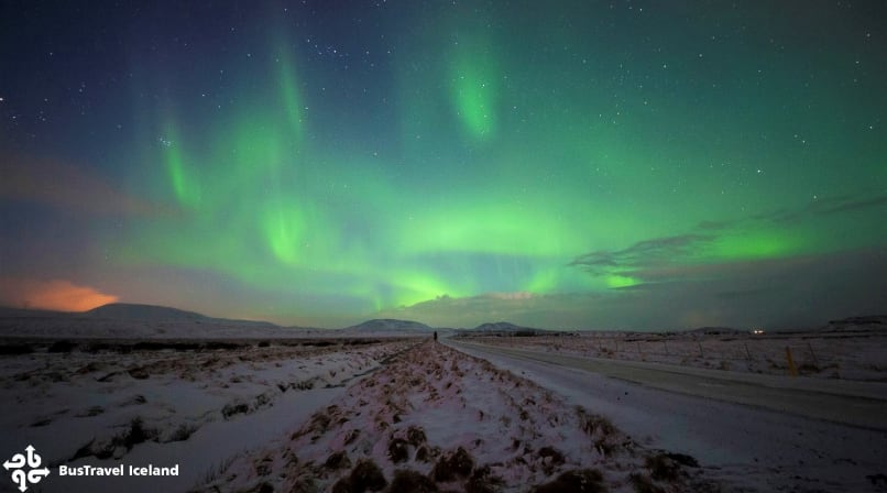Green aurora borealis over a snowy road in Iceland