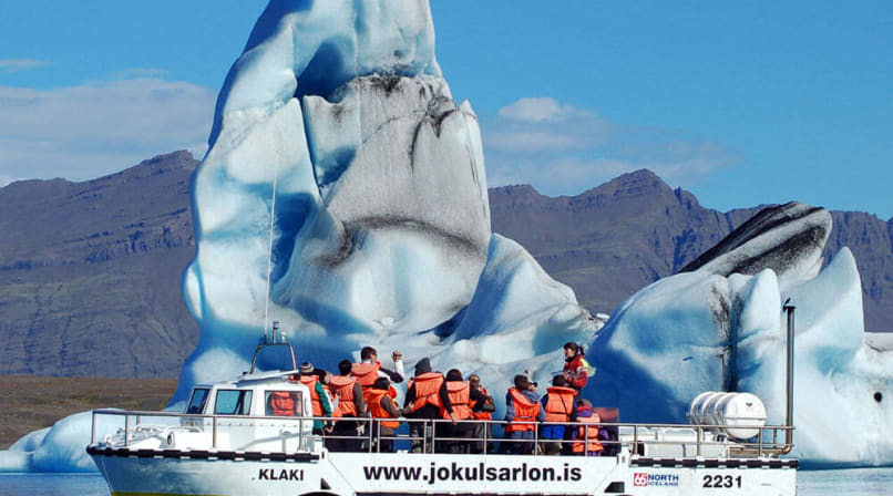 Sailing in-between the icebergs at Glacier Lagoon Iceland